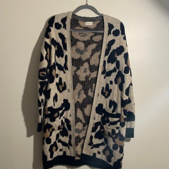 Altr'd State Black Tan Animal Print Open Front Sweater Cardigan Duster - M/L - Picture 1 of 5